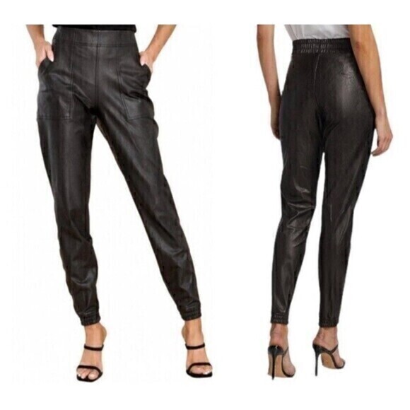 Spanx Faux Leather Joggers Womens Small Black Elastic Waist Pocket Stretch Pants - Picture 1 of 16